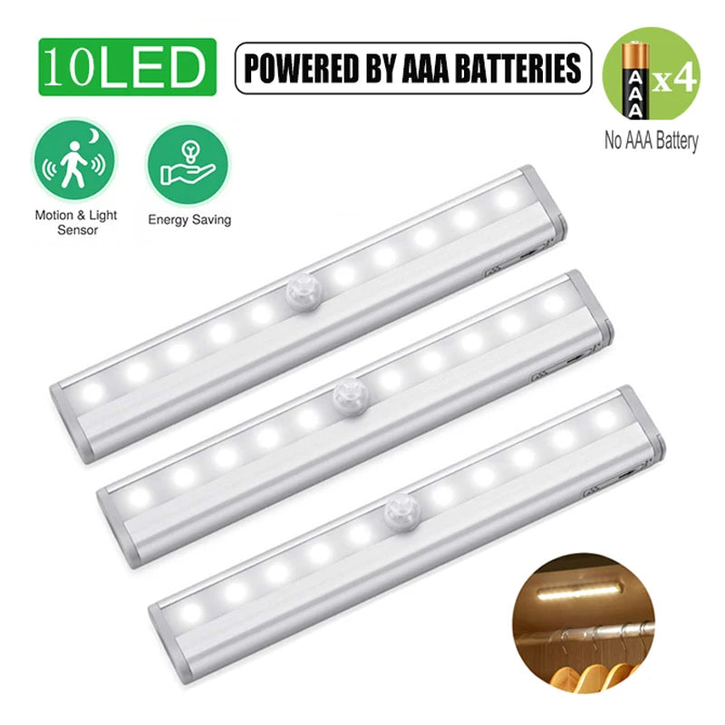 10 LEDs PIR Motion Sensor Closet Light Battery Operated Under Cabinet Lights Cupboard Wardrobe Stairs Wall Lamp For Kitchen Room