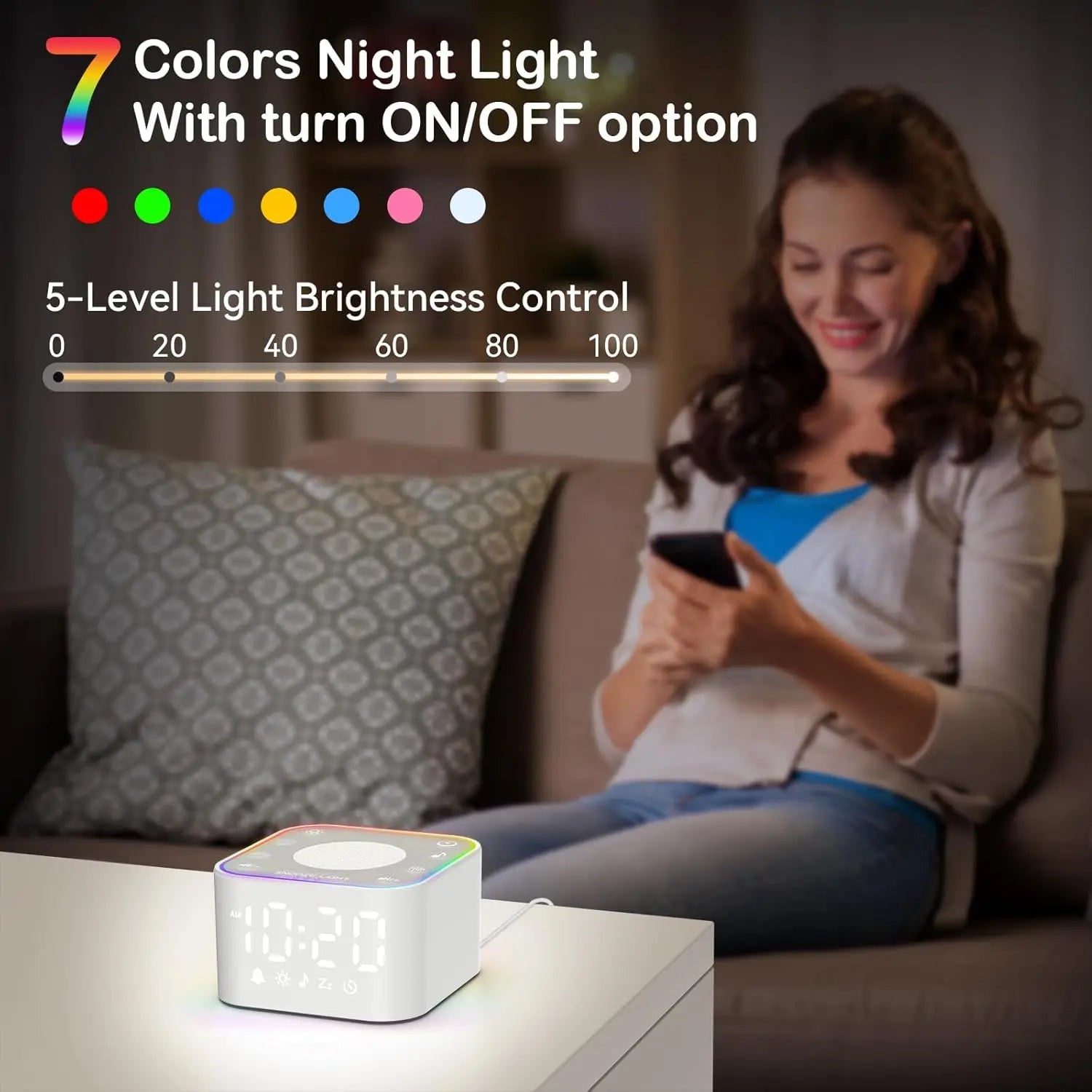 New Alarm Clock Colorful Night Light White Noise Sound Machine  Speaker for Bedroom Sleep Study Office