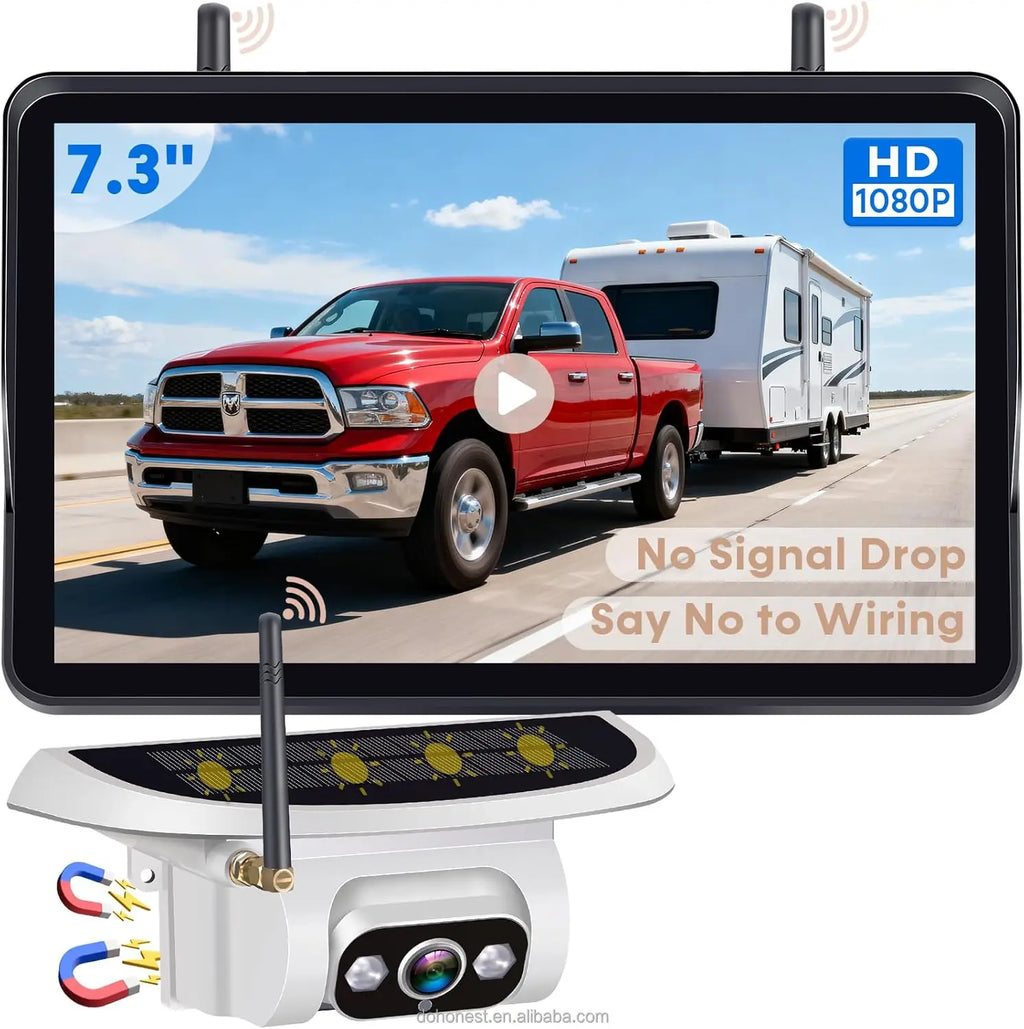 7.3" 1080P HD Recording Monitor, Wireless RV Backup Camera, Magnetic No Wiring, Long Range Signal, Solar Powered with Auto Sleep