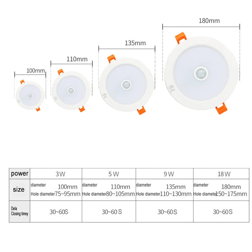 LED Downlight PIR Motion Sensor 3W 5W 9W 18W Down Lights Induction Round Led Panel Lamp 220V Recessed Spotlight Indoor Lighting