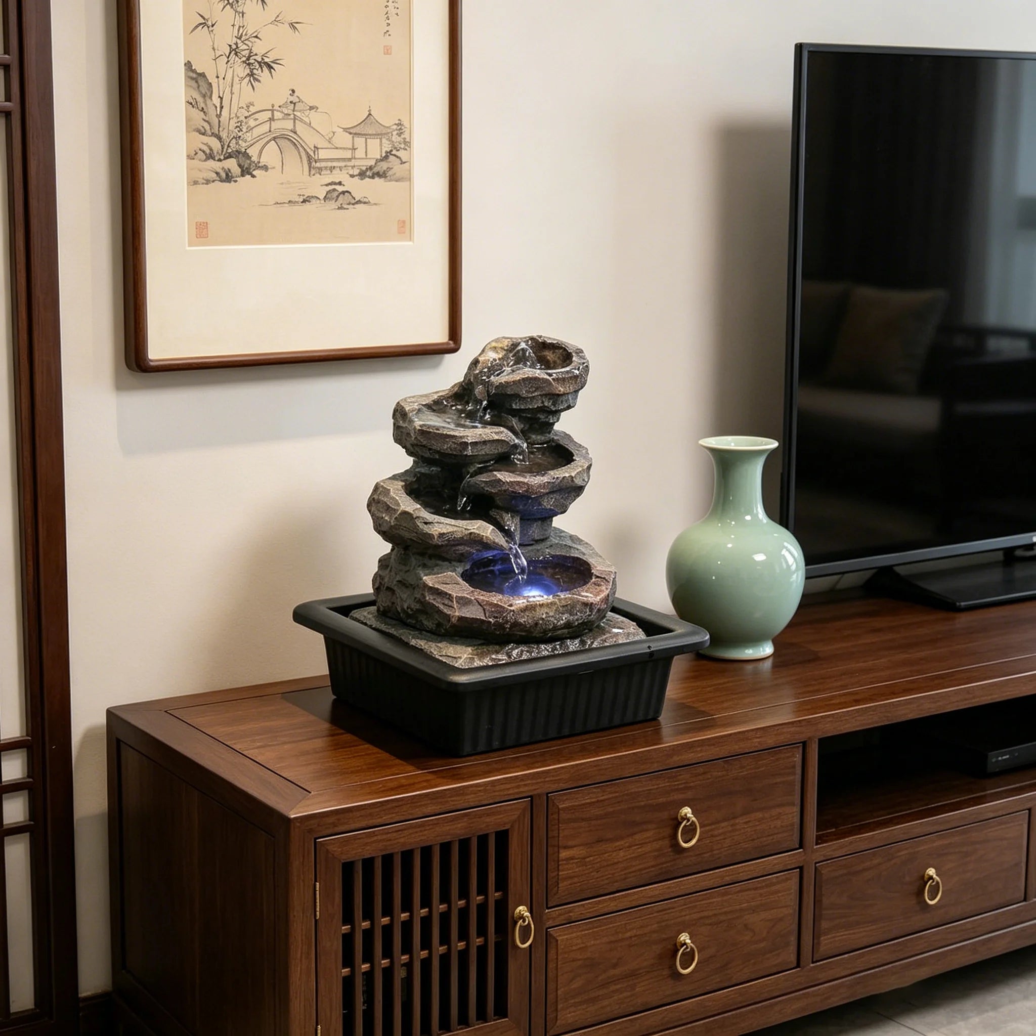 Dropshipping Chinese-style Resin Stacked Water Flow Decorative Item Hand-painted Office Desk Feng Shui Humidifier