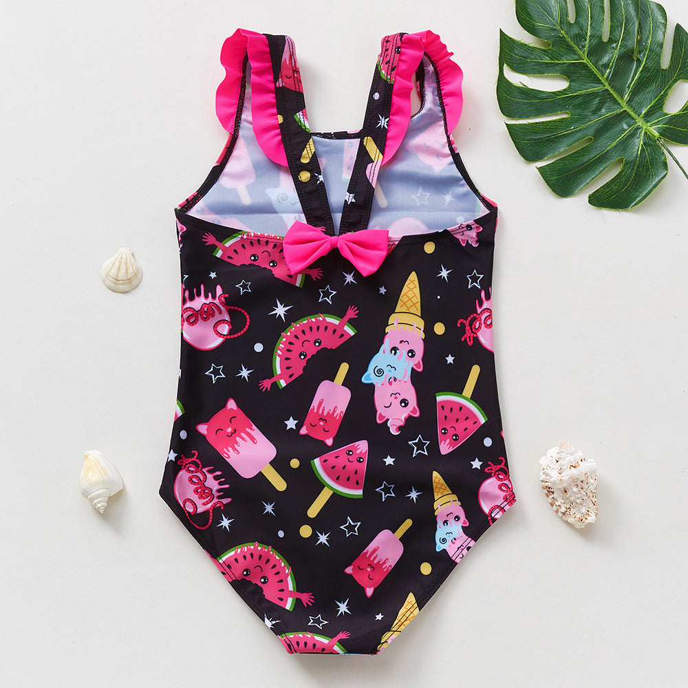 In stock new 3-10 years old children's swimsuit cartoon watermelon ice cream printed girls' swimsuit one-piece
