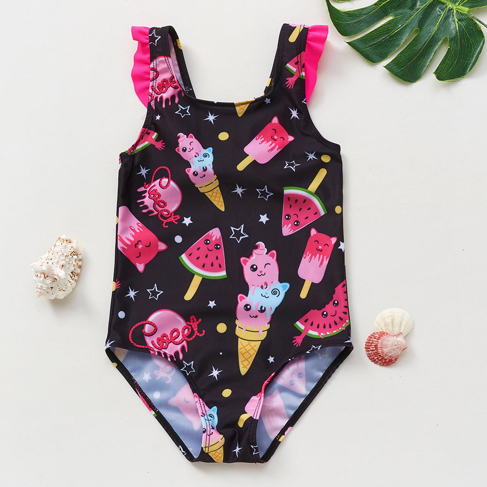 In stock new 3-10 years old children's swimsuit cartoon watermelon ice cream printed girls' swimsuit one-piece