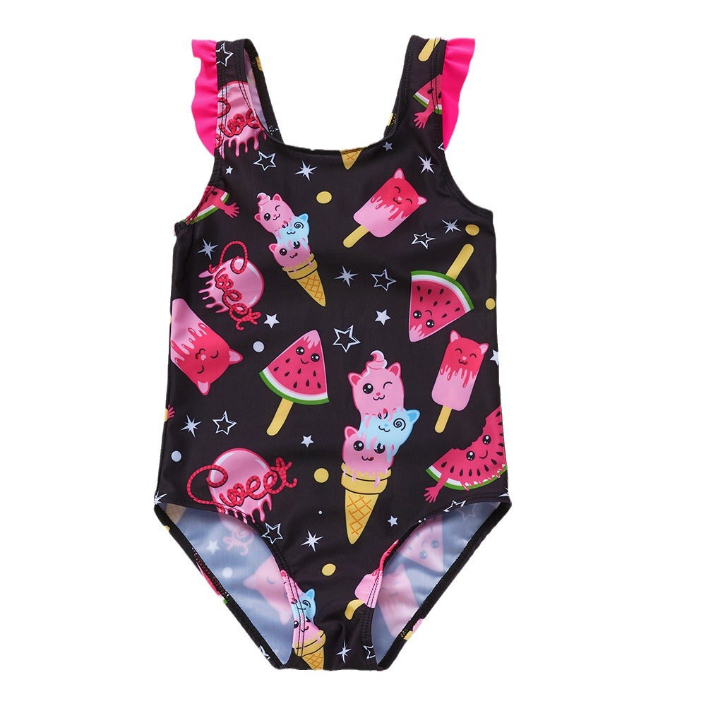 In stock new 3-10 years old children's swimsuit cartoon watermelon ice cream printed girls' swimsuit one-piece