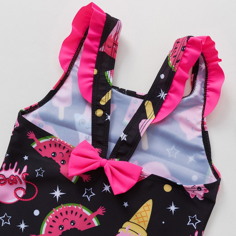 In stock new 3-10 years old children's swimsuit cartoon watermelon ice cream printed girls' swimsuit one-piece