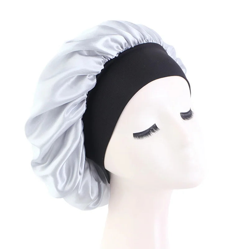 Women's Satin Solid Bonnets Wide-brimmed Night Sleeping Bathing Hat Unisex Head Wrap Elastic Band Cap Hair Care Bonnet