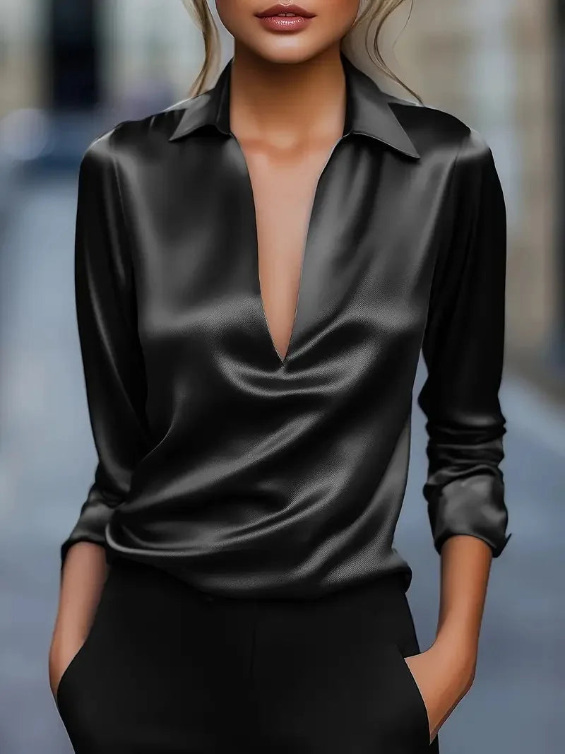 Satin Elegant Blouse for Women Long Sleeve Sexy V-neck Turn Down Collar Solid Luxury Silk Offic Lady Casual Shirt Tops 2025