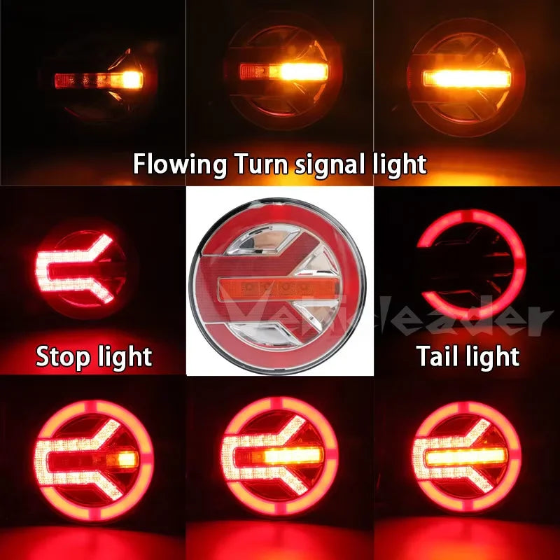 Truck Round LED Tail Light DRL Rear Brake Light Dynamic Turn Signal Lamp For Car Tractor Trailer Bus Van RV Pickup 4x4 12V 24V
