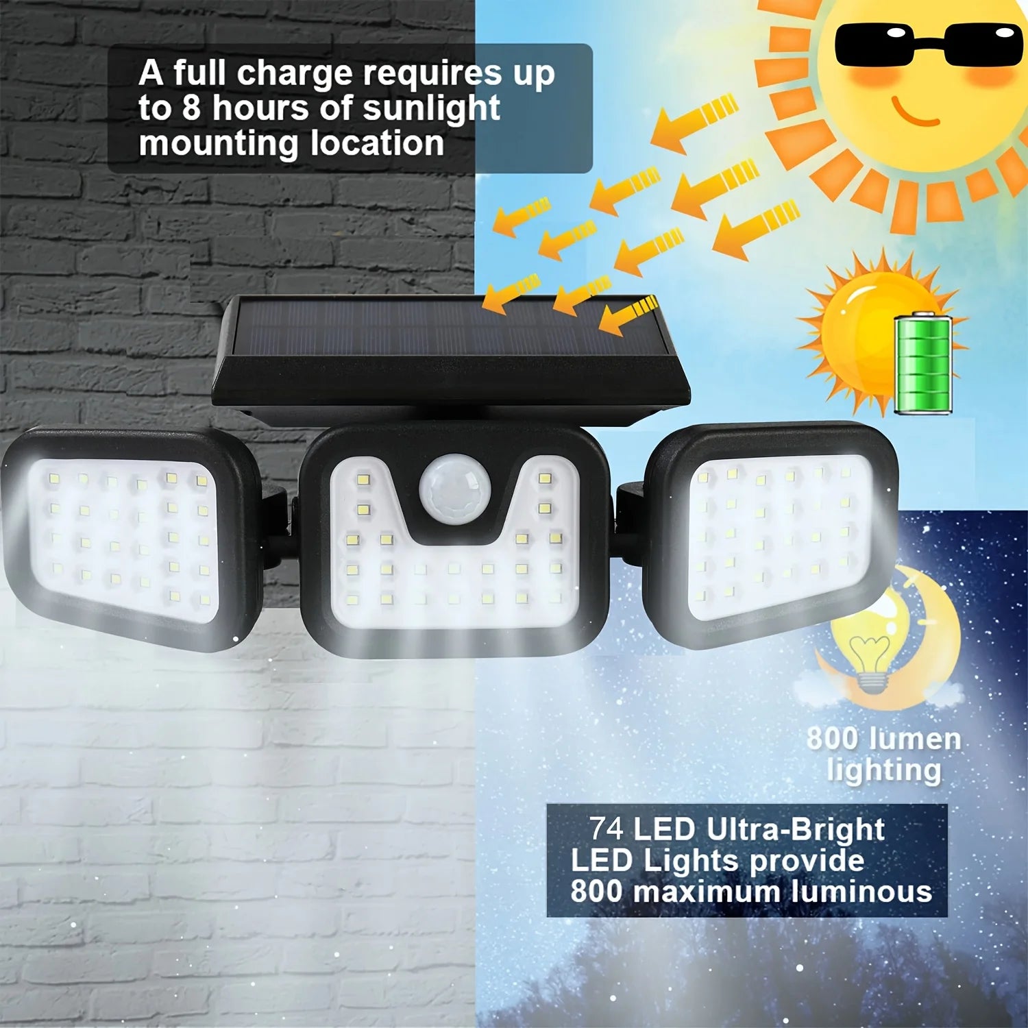 74 LED Solar Motion Sensor Light Outdoor Wall Front Door Yard Garage Pathway Christmas Lighting 3 Brightness Modes Solar Powered