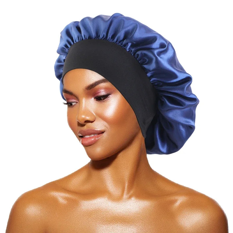 Women's satin solid color sleep cap wide brim, night shower bonnet with elastic band,unisex hair protection for sleeping&bathing