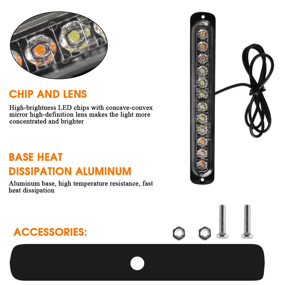 12 LED Strobe Warning Light  Police Lights Tail Lamp Led Side light 18 Flashing Modes for Car Truck Light 12V 24V White Yellow