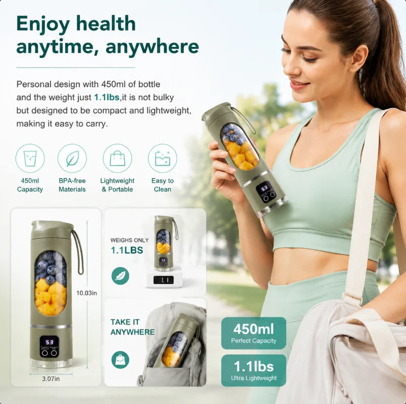 Portable Blender for Shakes and Smoothies 450ml BPA Free Travel Cup & Lid, Durable Stainless Steel Blades, Personal Smoothie