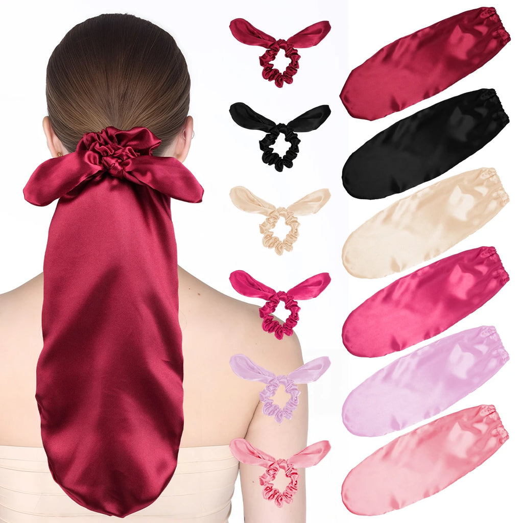 Satin Sleep Cap with Hair Bow Scrunchies, Soft Long Hair Bonnet for Long Hair, Hair Protector for Daily Use & Nighttime