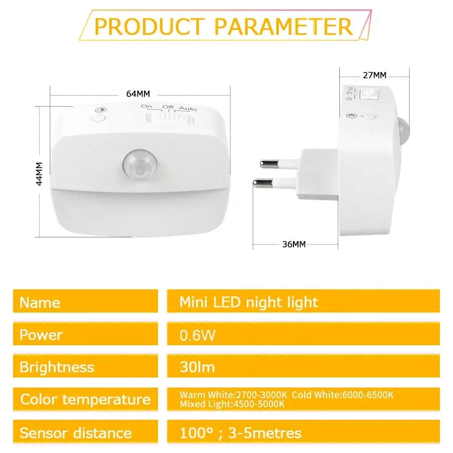 Motion Sensor EU US Socket Plug in LED Night Light 220V 110V Human Infrared Induction Lamp for Bedroom Stairs Cabinet Corridor