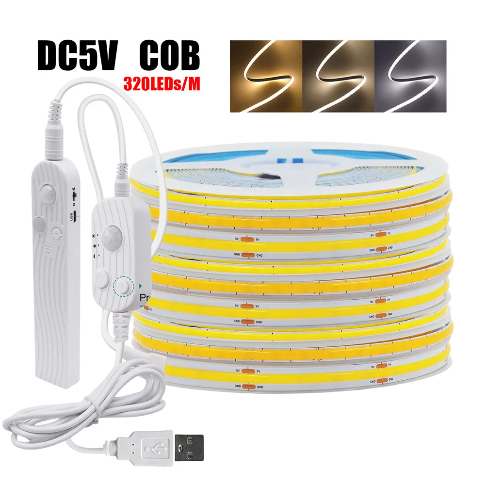 Motion Sensor Led COB Light Strip Battery USB Power 5V Auto ON/OFF Liner Lighting Cabinet Wardrobe Kitchen Staircase Nightlights