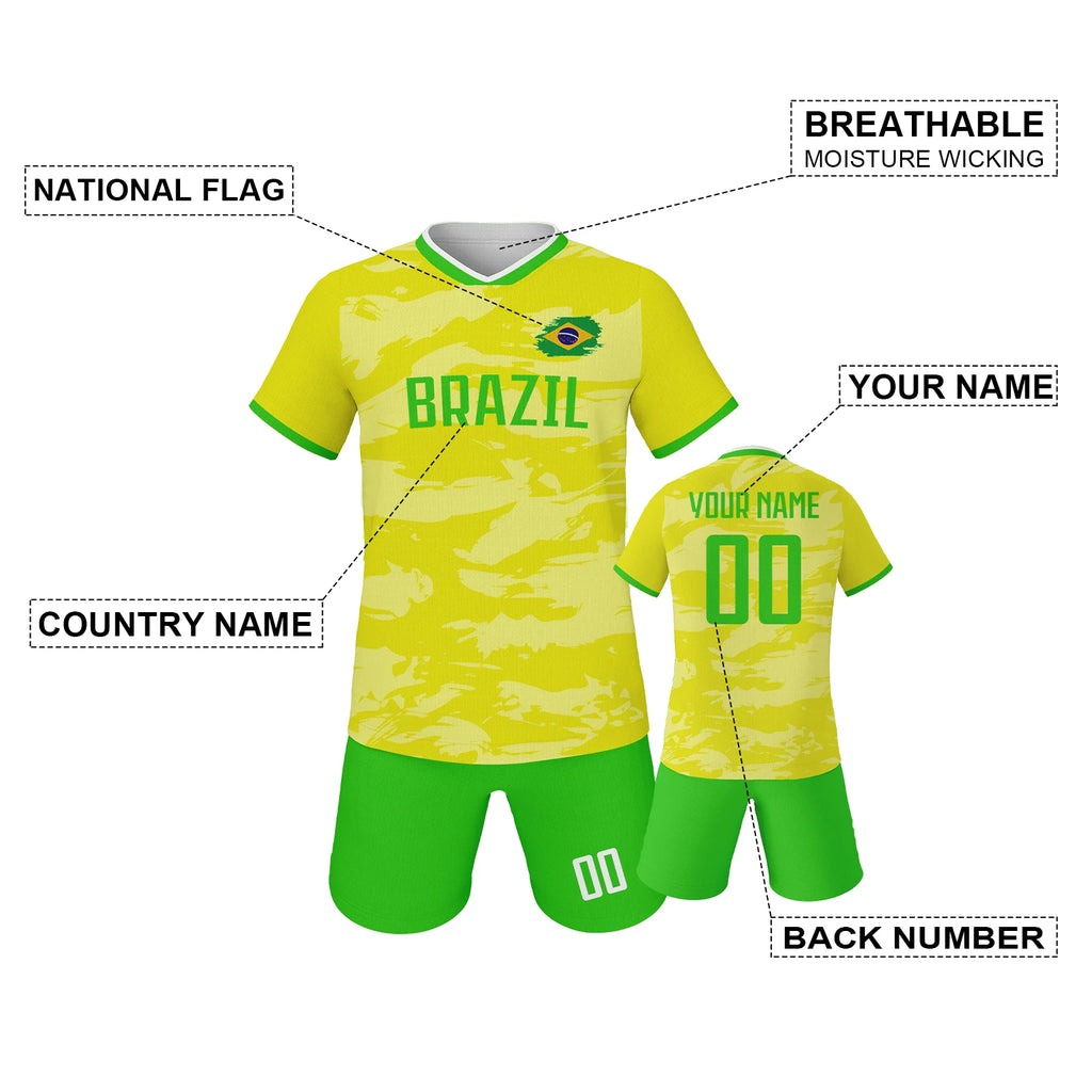 Custom Brazil Soccer Jersey for Kids Personalized Football Kit with Printed Name Number Youth Boys Girls Team Uniform 3-14Y