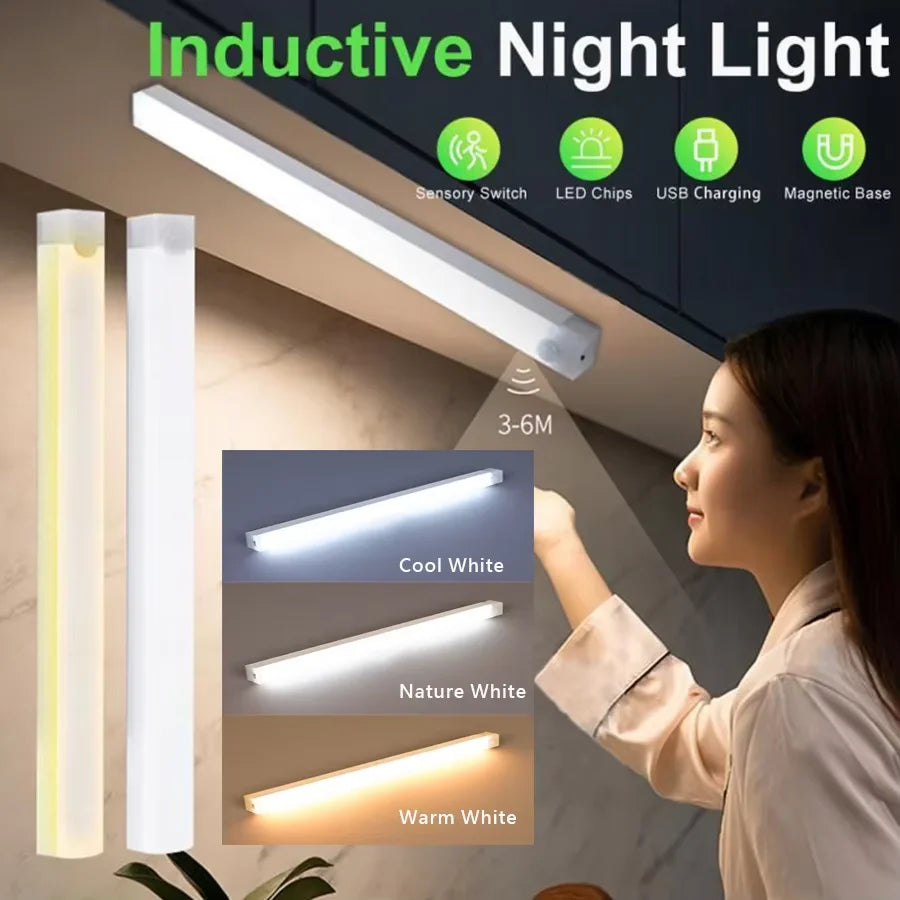 LED Motion Sensor Lights  Magnetic Installation USB Charging Human Body Sensor Night Light for Storage Cabinet Stairs Hallway