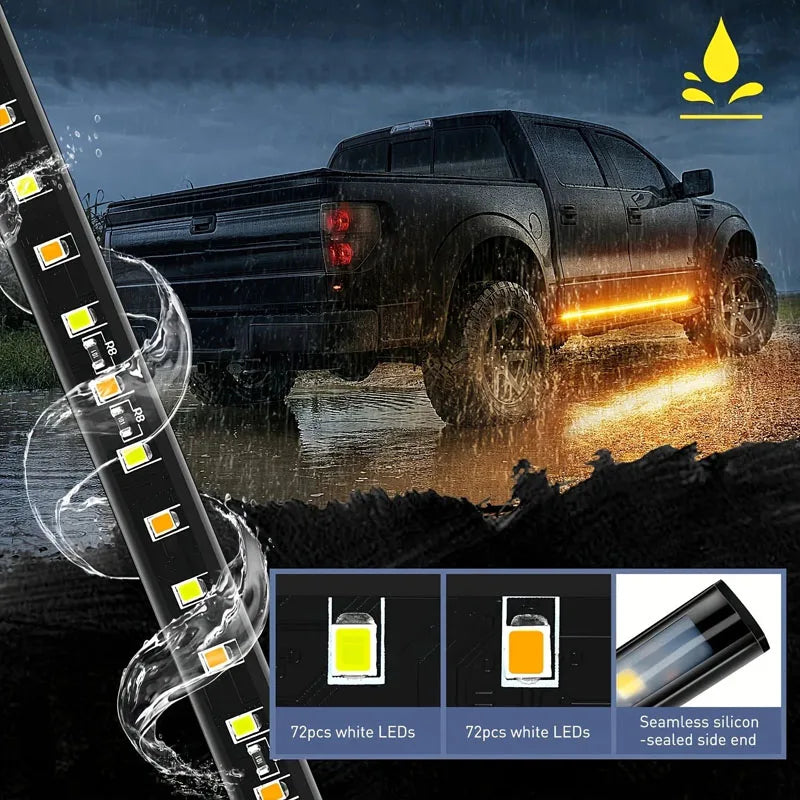 2PCS Truck Car Warning Light Strip 12V Emergency Strobe Side Step Light Strip Amber White Flashing Turn Signal Lamp 48/60 Inch