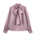 Women Bow Satin Blouse Spring Autumn Female Long Sleeve Elegant Shirt Lady Lantern Sleeve Sweet Casual Commute Blouse-Shirts
