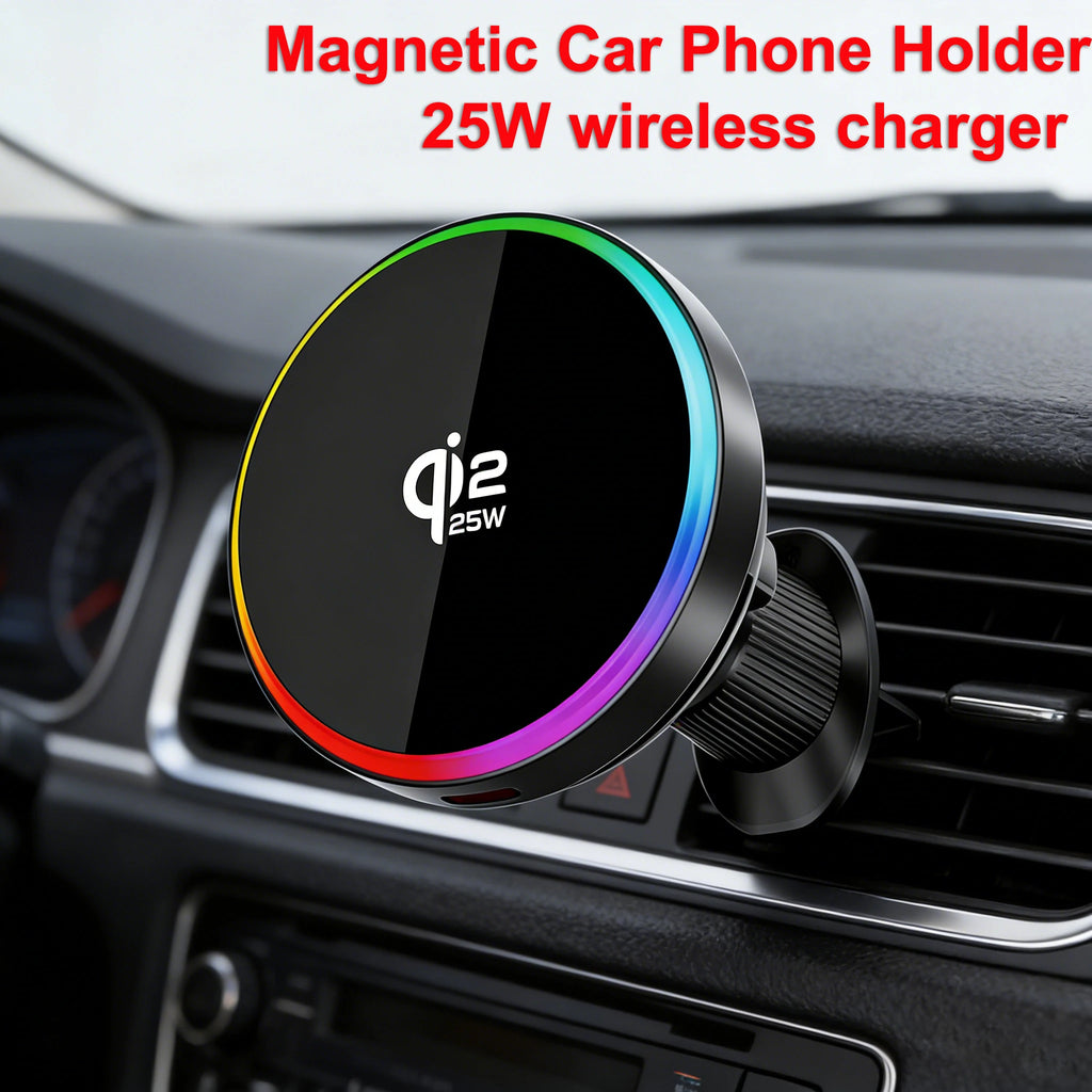 25W Magnetic Wireless Car Charger Fast Charging Air Vent Phone Holder Stand Air Cooling RGB Light Phone Bracket Car Accessories