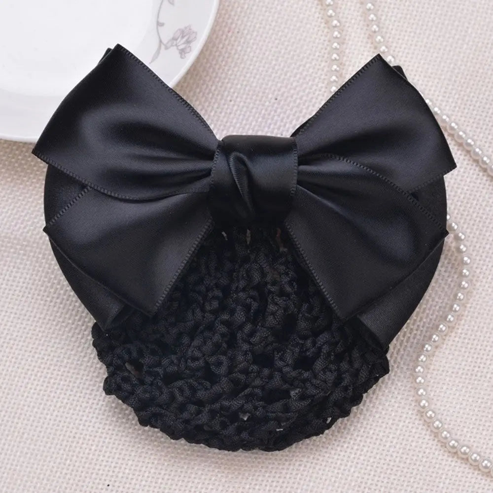 Satin Bowknot Decor Hairnet Women Girls Hair Clip Snood Net Barrette Bun Cover