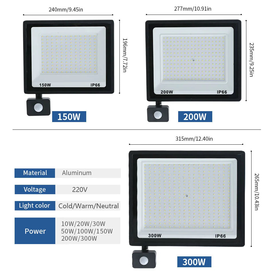 LED Flood Light PIR Motion Sensor 10W 20W 30W 50W 100W 150W 200W 300W AC220V IP66 Waterproof Spotlight Street Floodlight Outdoor