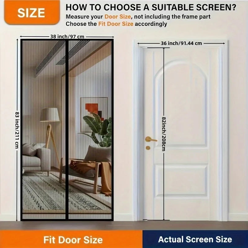 A magnetic screen door——Heavy-duty insect-proof net，Self-sealing technology，Easy Installation，No tools required，Suitable for use