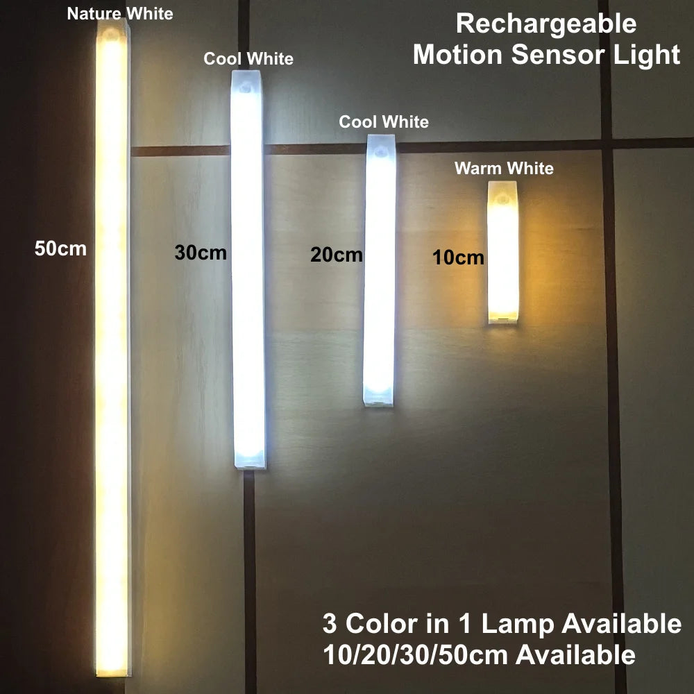 LED Motion Sensor Bar Light Wireless Induction Night Light USB Rechargeable Detector Lamp for Kitchen Cabinet Wardrobe Bedroom