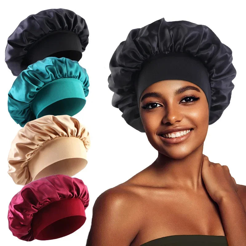 Women's Satin Solid Bonnet Wide Brim Elastic Band - Unisex Night Sleeping Bathing Hair Care Cap for Hair Protection