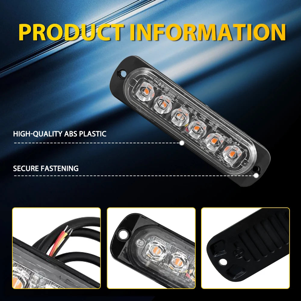 2Pcs Amber 6 LED Strobe Flash Lights Bars Car Motorcycle Truck Side Marker Light Emergency Warning Flashing Light 12V 24V