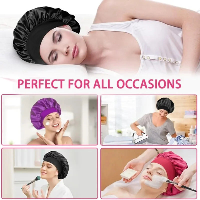 Women's Satin Solid Bonnet Wide Brim Elastic Band - Unisex Night Sleeping Bathing Hair Care Cap for Hair Protection
