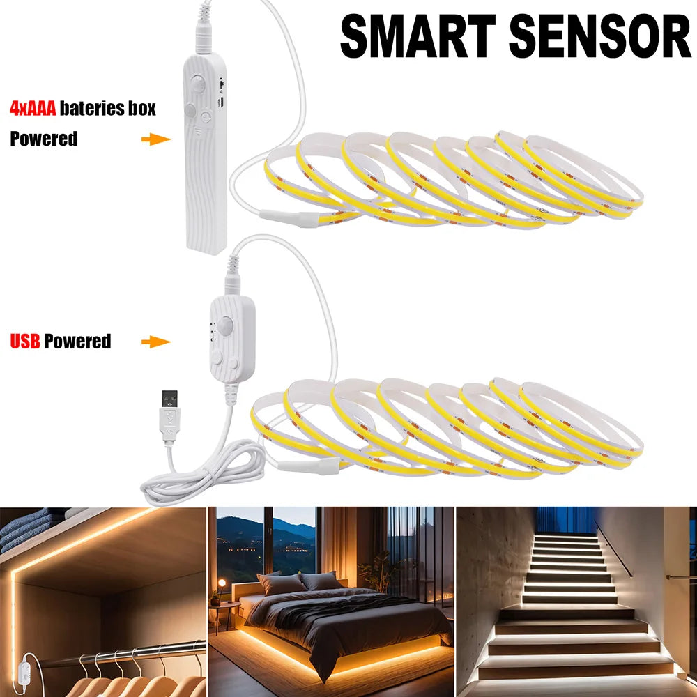 Motion Sensor Led COB Light Strip Battery USB Power 5V Auto ON/OFF Liner Lighting Cabinet Wardrobe Kitchen Staircase Nightlights