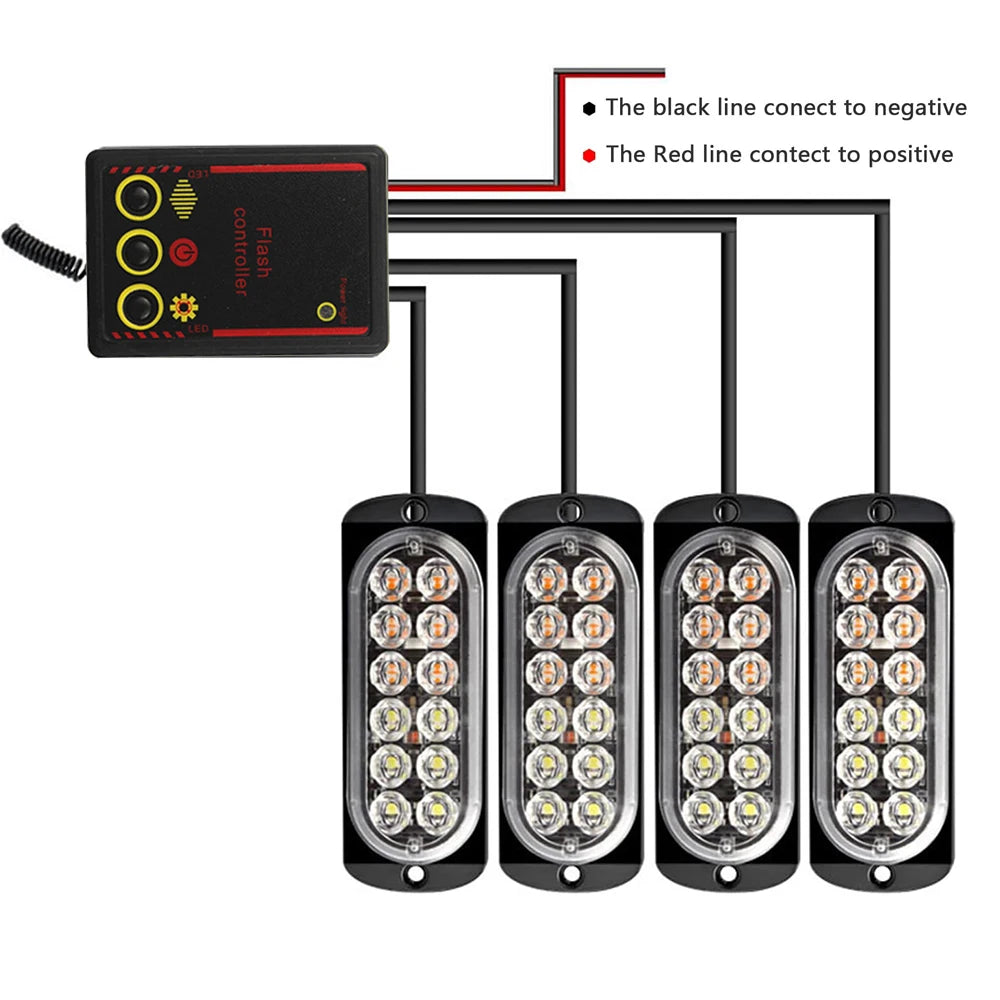 4 in 1 LED Warning Strobe Light 12V 24V Car Grille Emergency Flash Police Signal Lamps Auto Stroboscope for Truck Offroad SUV
