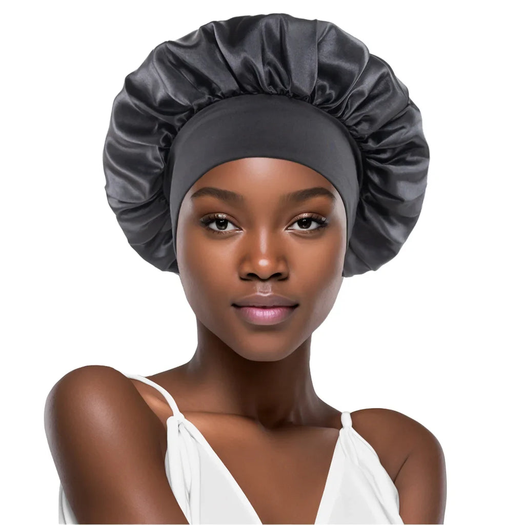 Women's Satin Solid Bonnet Wide Brim Elastic Band - Unisex Night Sleeping Bathing Hair Care Cap for Hair Protection
