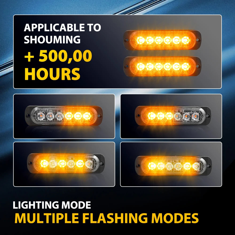 2Pcs Amber 6 LED Strobe Flash Lights Bars Car Motorcycle Truck Side Marker Light Emergency Warning Flashing Light 12V 24V