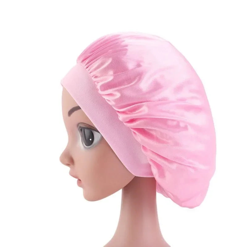 Kids Satin Silk Bonnet Girl Wide Elastic Band Solid Color Night Sleep Hat Hair Accessories Wholesale