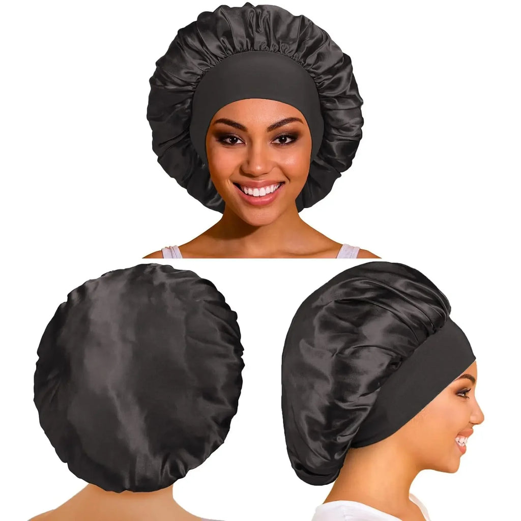 Women's Satin Solid Bonnet Wide Brim Elastic Band - Unisex Night Sleeping Bathing Hair Care Cap for Hair Protection