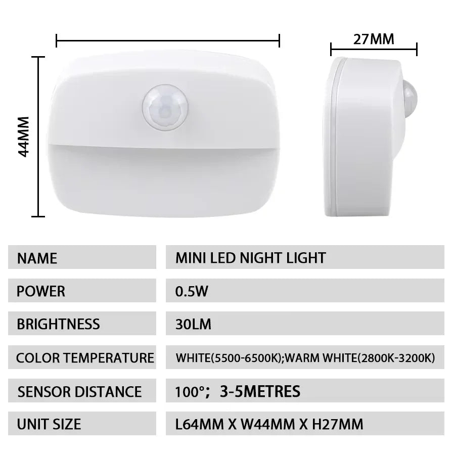 LED Motion Sensor Night Light PIR Intelligent Under Cabinet Light Battery Power Wireless Wall Lamp for Bedroom Hallway Stairs