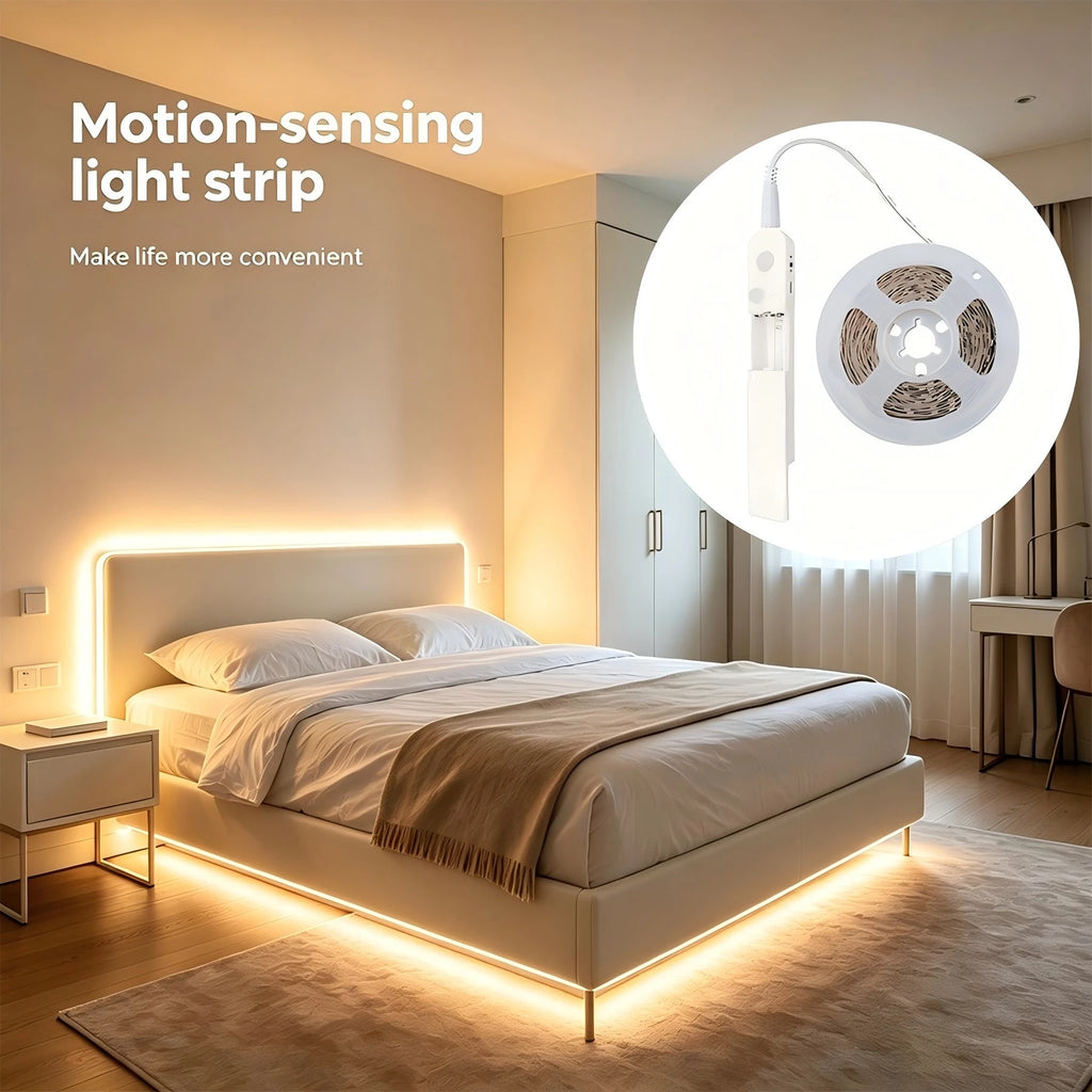 Motion-sensing LED light strip, powered by either USB or batteries (batteries not included). Suitable for bedrooms, staircases。