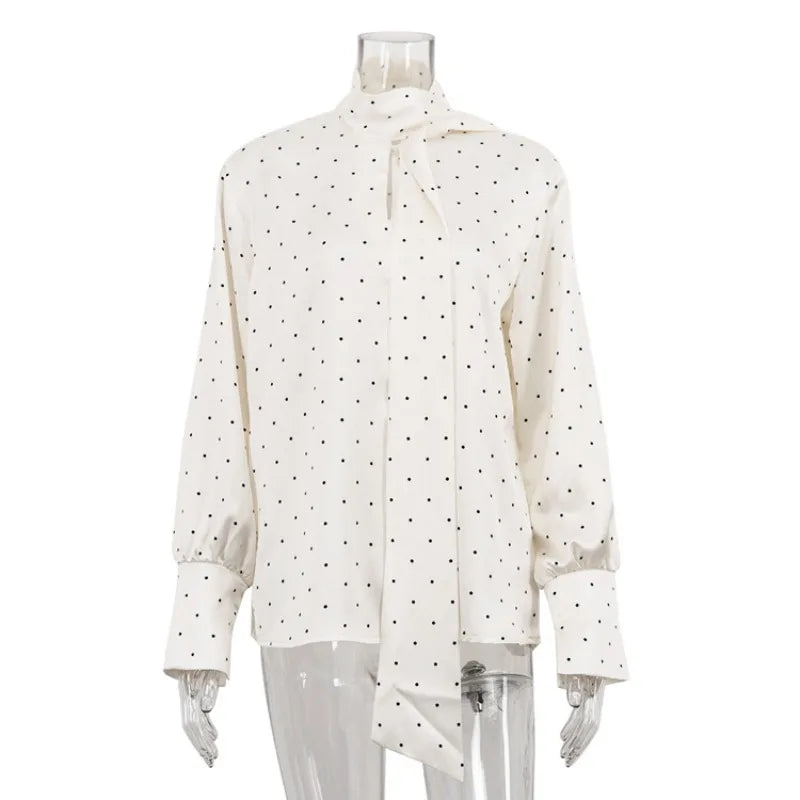 Satin Shirt for Women Autumn Elegant Dot Print Long Lantern Sleeve Stand Collar Loose Office Lady T-shirt Celebrity Top