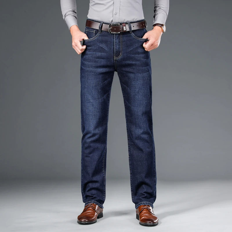 SHAN BAO 2026 autumn spring fitted straight stretch denim jeans classic style badge youth men's business casual jeans trousers