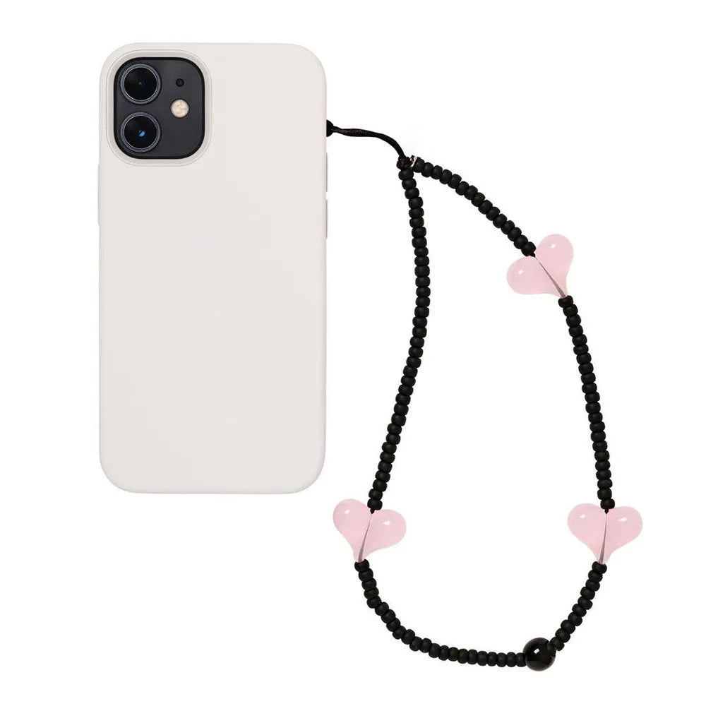 KKBEAD Kpop Black Matte Beads Phone Charm Pink Heart Strap Jewelry Korean Stars Phone Chains Lanyard Cellphone Accessories