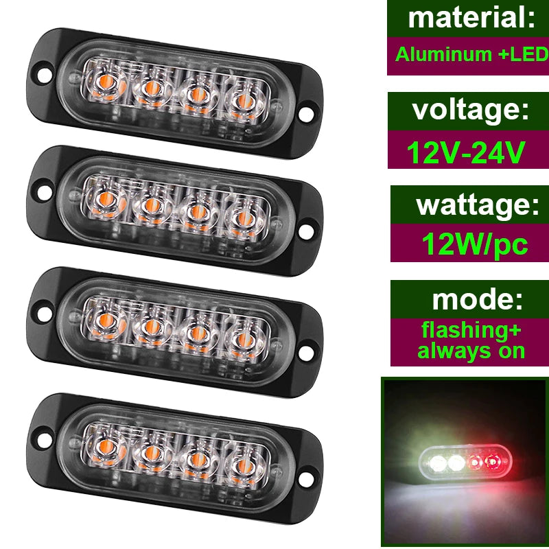 Car Strobe Warning Flashing Light Truck Side Indicator Lights Car Grille Malfunction Light Bar Trailer Beacon Lamp12V 24V Pickup