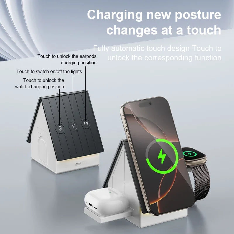 Multifunctional Wireless Charger Stand with 3-in-1electric Retractable,fast15W,type-c Wireless Charging,Warm White Ambient Light