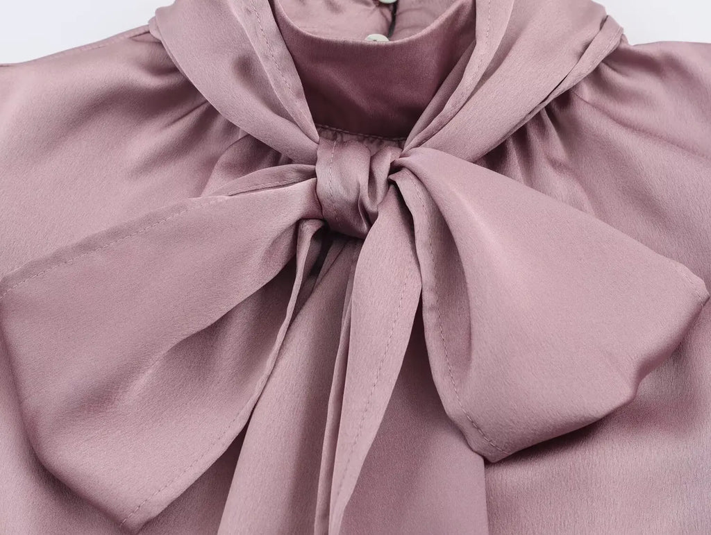 Women Bow Satin Blouse Spring Autumn Female Long Sleeve Elegant Shirt Lady Lantern Sleeve Sweet Casual Commute Blouse-Shirts