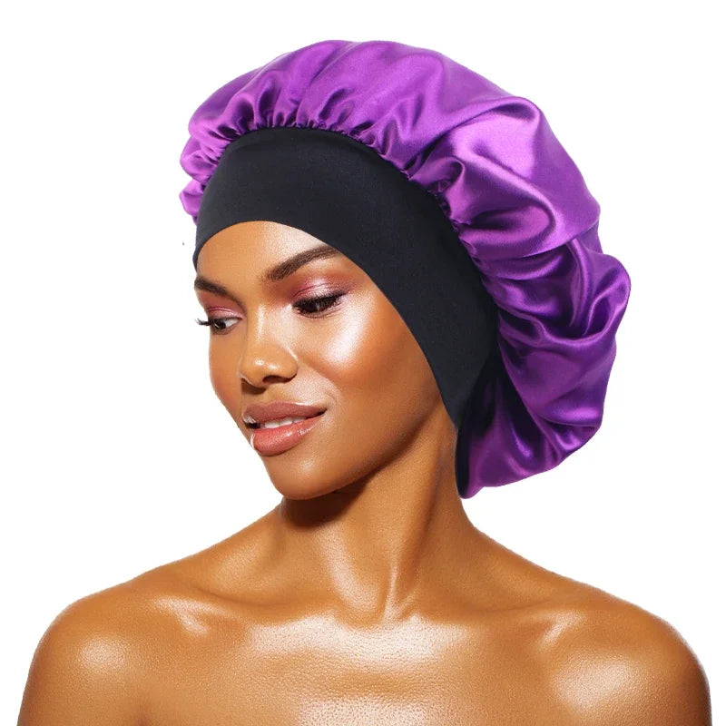Women's satin solid color sleep cap wide brim, night shower bonnet with elastic band,unisex hair protection for sleeping&bathing