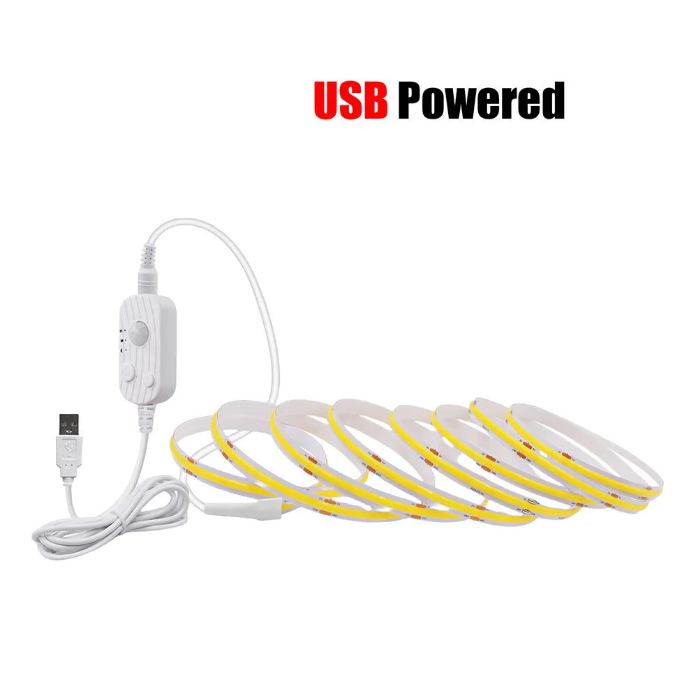 Motion Sensor Led COB Light Strip Battery USB Power 5V Auto ON/OFF Liner Lighting Cabinet Wardrobe Kitchen Staircase Nightlights
