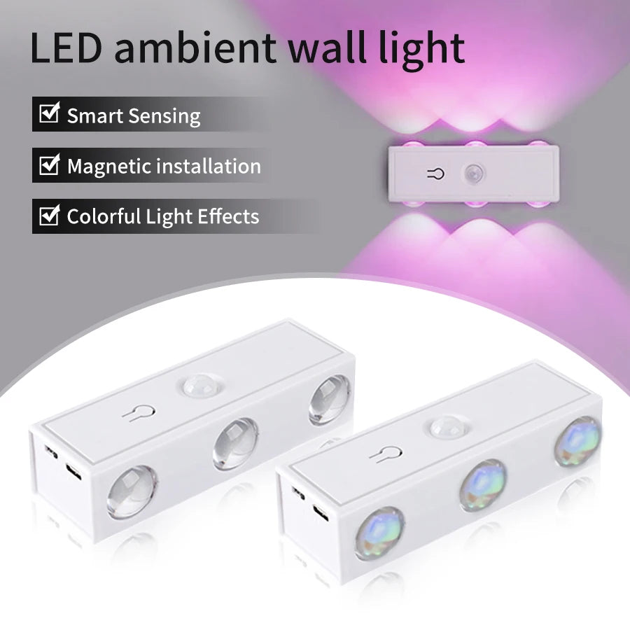 6Leds Double-head Motion Sensor Light 3Colors/RGB Night Light USB Rechargeable Magnetic Wall Lamp Touch Dimming Bedside Lighting