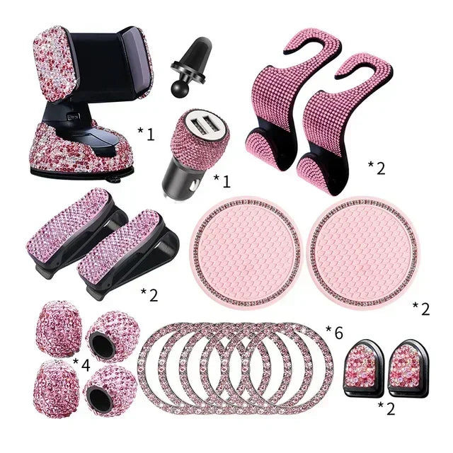 Set of 20 Shiny Crystal Car Accessories Kit for Women Car Phone Holder Mount ,Car Monitor Glasses Holders ,Car Drink Coasters