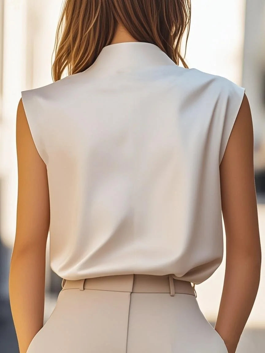 Elegant Satin Top Sleeveless French Style Round Neck Top Smooth Silky Summer Camisole Top Chic Satin Blouse For Office Party